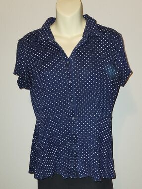 Isaac Mizrahi Navy and White Polka Dot Button-Down Blouse